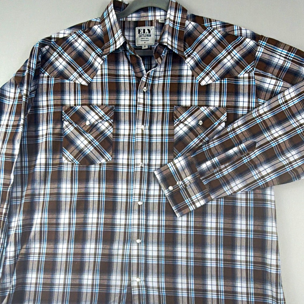 Ely Cattleman brown blue white plaid woven cotton/poly ls button up, men's XL